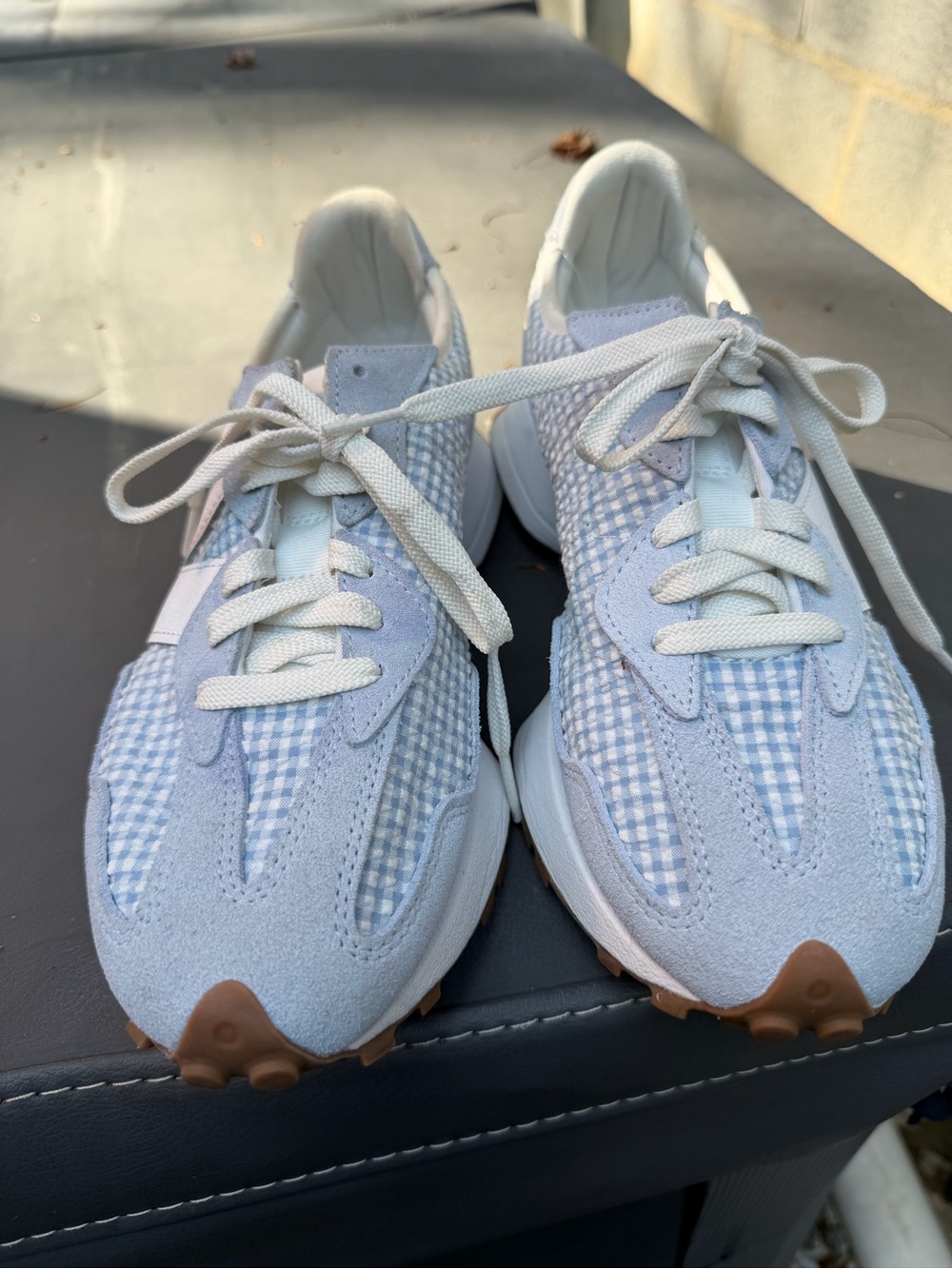 New Balance 327 Light Blue Gingham Lace-Up Sneakers
